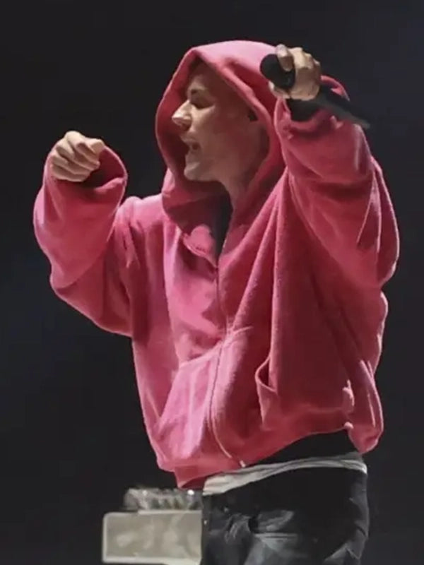 Justin Bieber Coachella 2026 pink zip up fur hoodie recreated with bold aesthetic and comfortable layering design