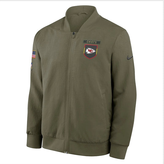 Kansas City Chiefs Nike 2025 Sideline bomber jacket in olive green featuring a soft interior lining and durable full-zip closure.