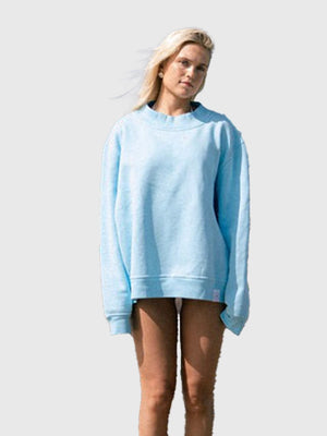 Blue mockneck fleece sweatshirt from Kaete Essentials collection featuring clean minimalist styling