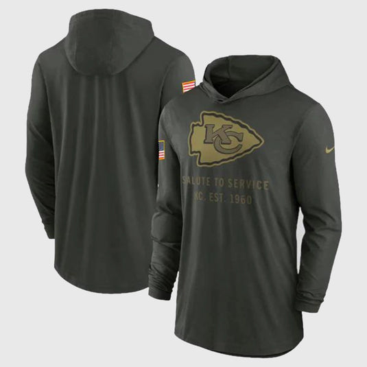 Kansas City Chiefs Nike Forest Green 2025 Salute to Service Hooded Pullover T-Shirt made with lightweight Dri-FIT fabric.