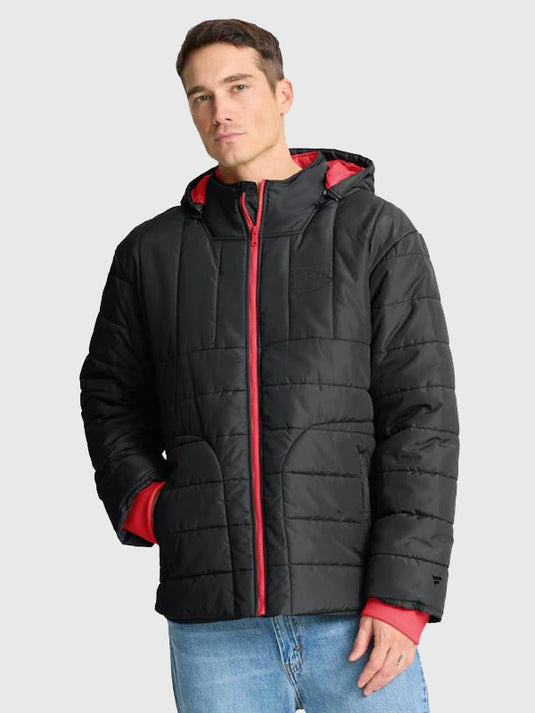 Kansas City Chiefs Fanatics black puffer jacket featuring a full-zip front and warm hooded design.
