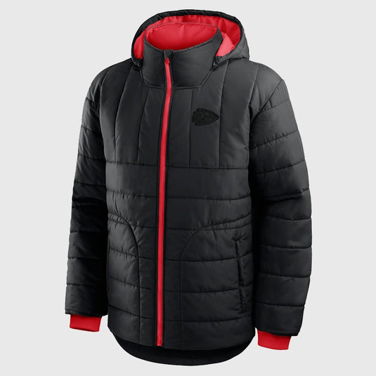 Fanatics full-zip black puffer jacket designed for Kansas City Chiefs fans seeking style and comfort.