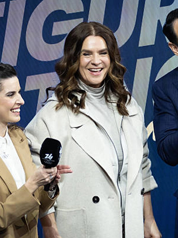 Off-white wool trench coat inspired by Katherine Witt at Milano Cortina 2026 Winter Olympics, double-breasted front and refined detailing