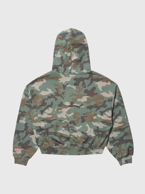 Camo fleece pullover hoodie from RECREATED Gap x Katseye Kat by Daniela collection, designed with cozy texture and bold graphic aesthetic