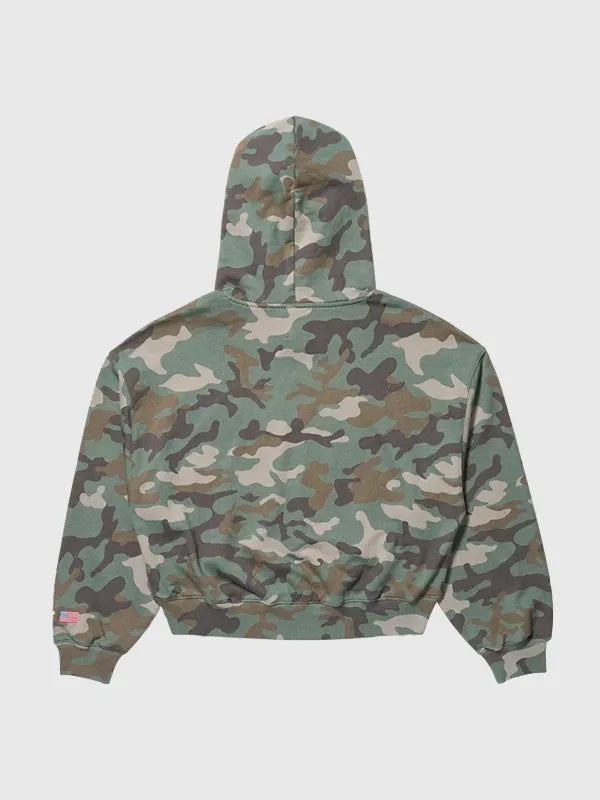 Camo fleece pullover hoodie from RECREATED Gap x Katseye Kat by Daniela collection, designed with cozy texture and bold graphic aesthetic