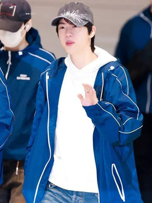 BTS Musinsa Keep Swimming jacket in blue with durable stitching and relaxed streetwear silhouette