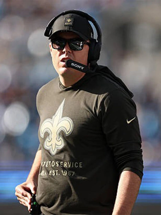 Kellen Moore New Orleans Saints 2025 forest green sideline hooded pullover T-shirt from Salute to Service collection.