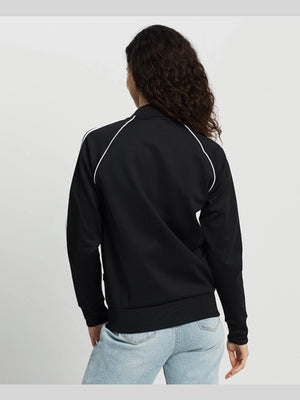 Recreated black cropped bomber jacket with classic Three Stripe accents and contemporary streetwear edge