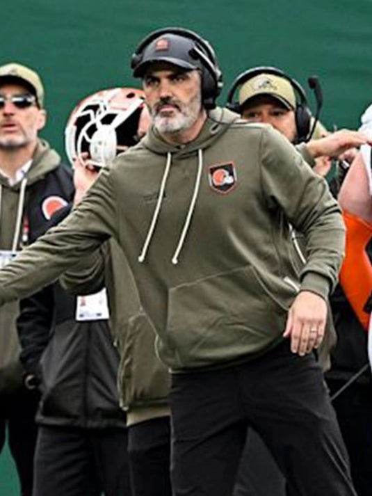 Coach Kevin Stefanski Cleveland Browns Salute to Service hoodie featuring olive green fleece and team detailing.