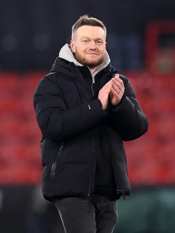 Recreated Kim Hellberg Sheffield United vs Middlesbrough Sky Bet Championship match black quilted puffer hooded jacket with insulated warmth