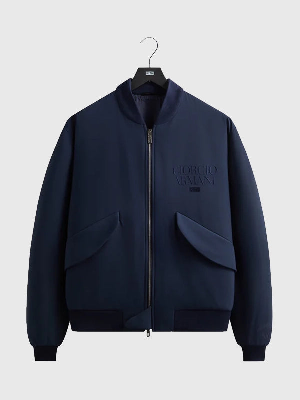 RECREATED Giorgio Armani x Kith New York Knicks 2026 Playoffs bomber jacket in navy featuring premium satin finish and athletic-inspired detailing