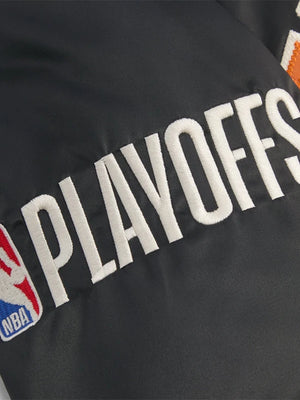 RECREATED Knicks 2026 Playoffs black satin bomber jacket, crafted in collaboration with Giorgio Armani & Kith featuring sleek finish and bold team-inspired design