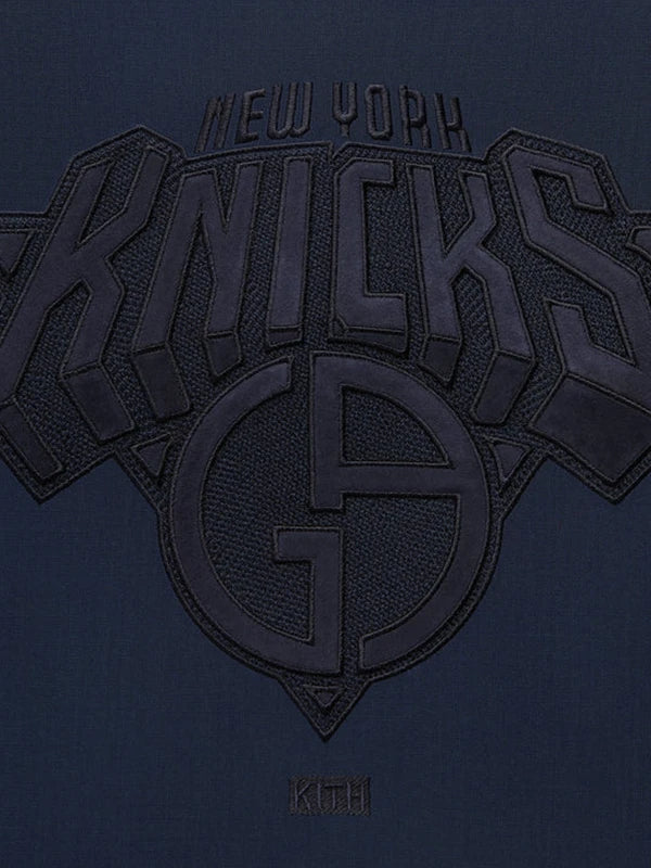 Giorgio Armani x Kith New York Knicks navy bomber jacket, RECREATED for 2026 Playoffs with refined tailoring and contemporary street edge
