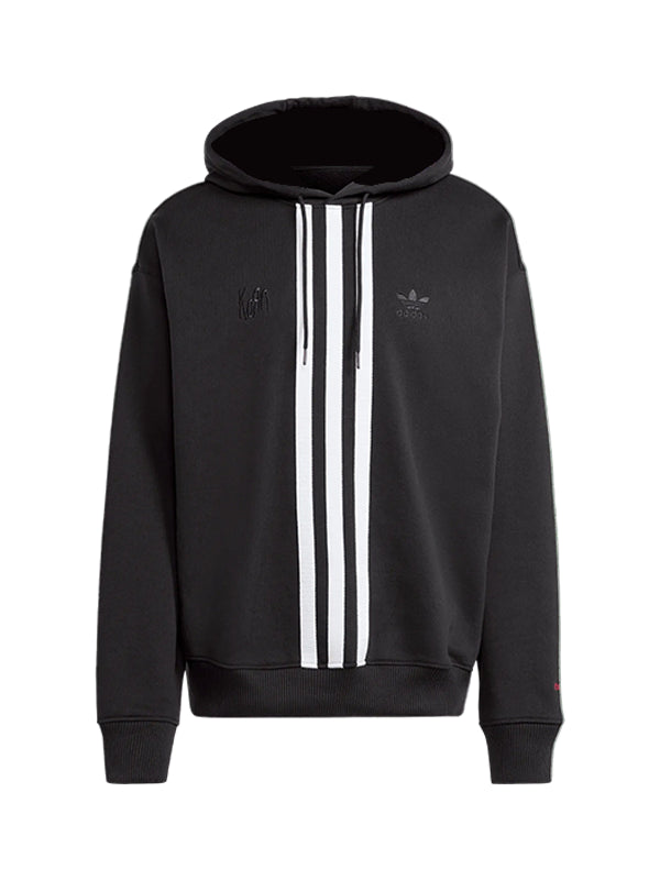 Recreated Adidas x Korn 2026 oversized black fleece hoodie with striped detailing and adjustable hood