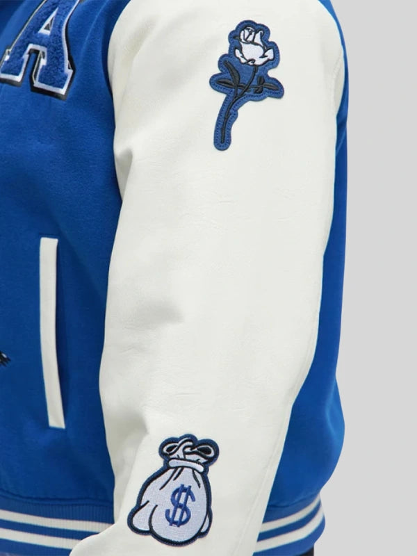 Recreated Koyin Fashion Nova blue varsity jacket crafted in wool with ribbed trims and bold varsity aesthetic