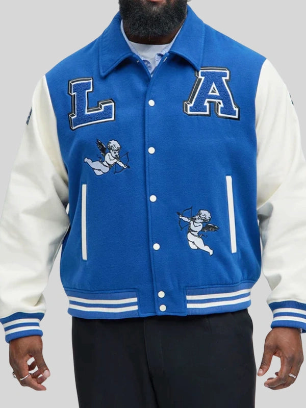 Recreated Koyin x Fashion Nova wool blue varsity jacket with contrast sleeves and classic collegiate styling