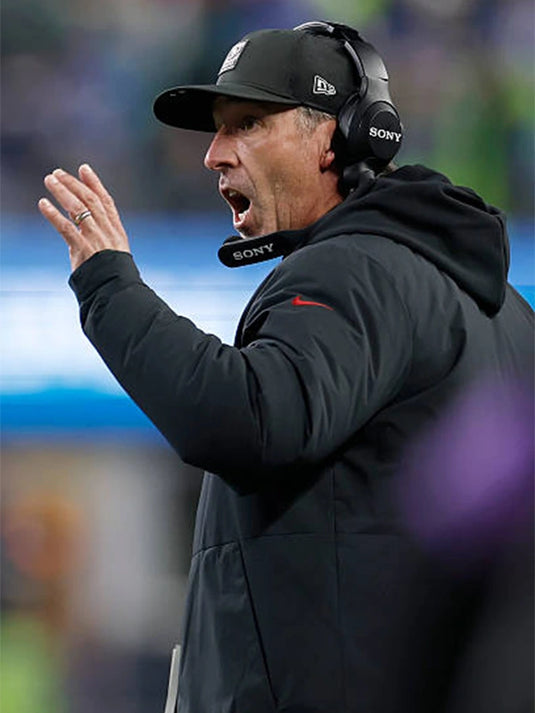 Coach Kyle Shanahan inspired San Francisco 49ers 2025 sideline bomber jacket in black with a clean athletic silhouette by Nike