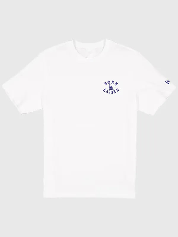 Los Angeles Dodgers New Era x Born x Raised White Back-to-Back World Series Champions Old English T-Shirt featuring soft cotton fabric with bold commemorative graphics