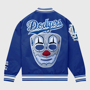 Recreation LA Dodgers x Mister Cartoon x Starter Blue Satin Jacket featuring bold artwork and premium glossy finish.