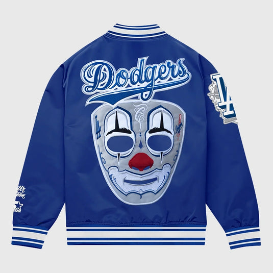 Recreation LA Dodgers x Mister Cartoon x Starter Blue Satin Jacket featuring bold artwork and premium glossy finish.