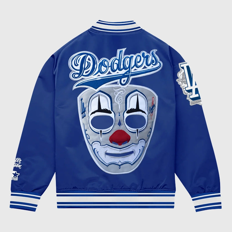 Recreation LA Dodgers x Mister Cartoon x Starter Blue Satin Jacket featuring bold artwork and premium glossy finish.