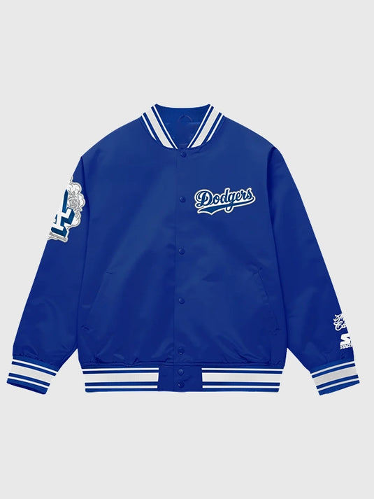 LA Dodgers x Mister Cartoon Blue Satin Jacket recreated by Recreation with classic Starter design and detailed stitching.