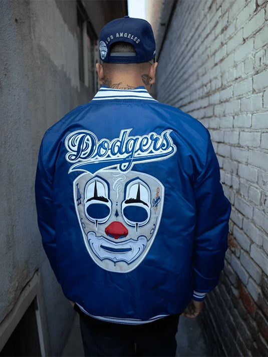 Mister Cartoon x Starter x LA Dodgers Blue Satin Jacket Recreation edition blending sports heritage with bold graphic style.