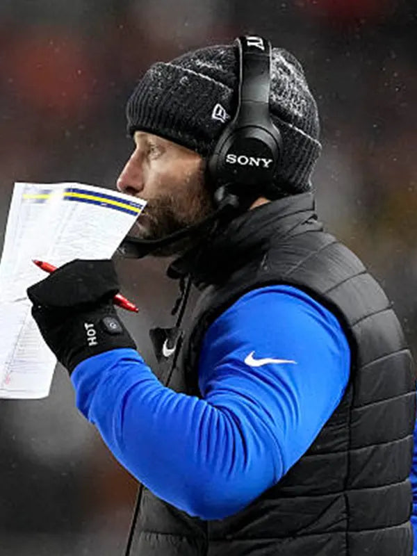 Coach-style Rams playoffs black puffer vest recreated with lightweight warmth and sharp athletic presence