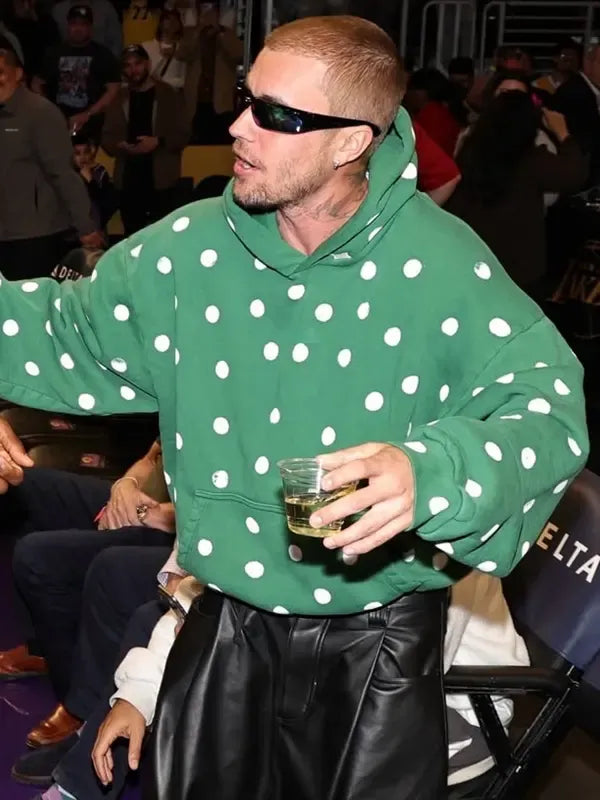 Recreated Justin Bieber Lakers 2026 green polka dot hoodie with adjustable drawstring hood and ribbed cuffs