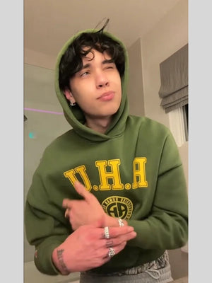 Green Landon Barker RHU pullover hoodie for men and women in Recreation style featuring drawstring hood and kangaroo pocket