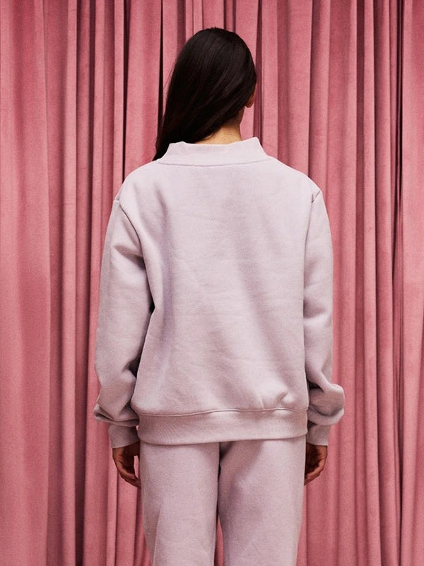 RECREATED Parke Valentine’s 2026 mockneck fleece sweatshirt in lavender with clean varsity detailing