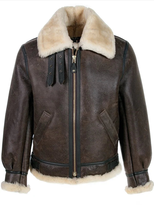 Classic Leon Kennedy B-3 leather bomber jacket from Resident Evil 4 Remake with distressed leather finish and warm shearling interior Resident Evil 4 Remake
