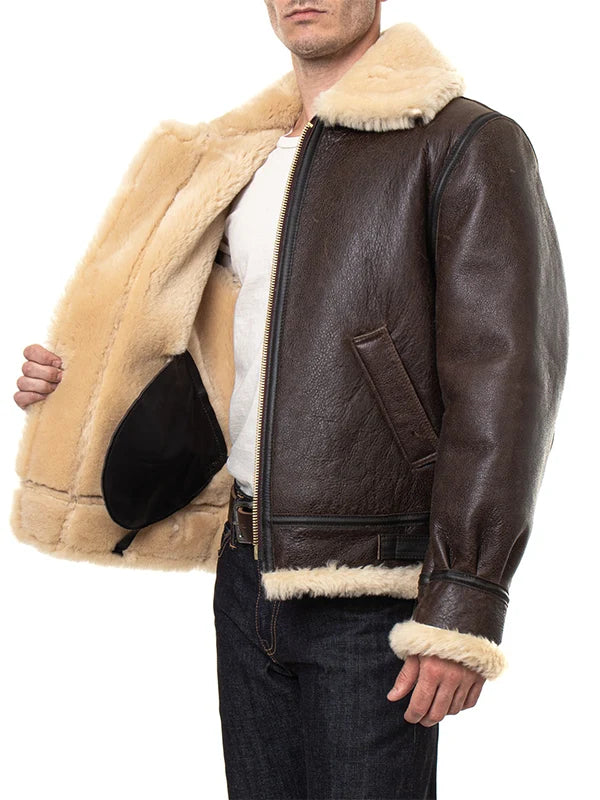 B-3 sheepskin bomber jacket based on Resident Evil 4 Remake Leon Kennedy design with rugged leather texture and winter-ready warmth Resident Evil 4 Remake
