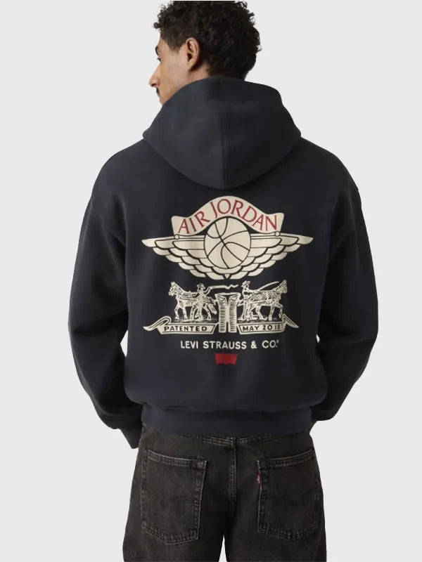 Recreated Levi’s x Jordan full-zip hoodie in black with co-branded artwork and standard fit perfect for layering