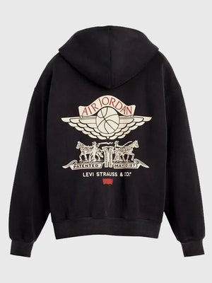 Black Levi’s x Jordan full-zip hoodie for men and women featuring two-way zipper and bold logo graphic