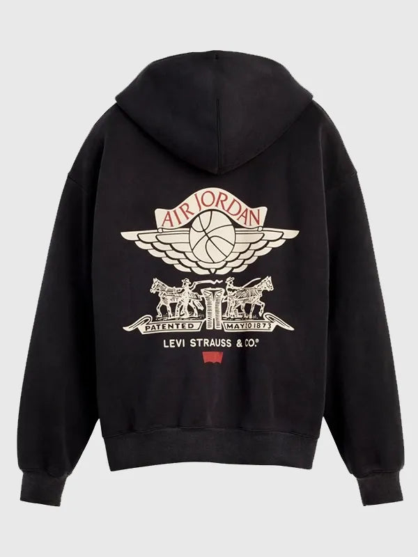 Black Levi’s x Jordan full-zip hoodie for men and women featuring two-way zipper and bold logo graphic