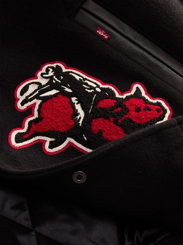 Levi’s x Jordan 2026 inspired varsity jacket recreated with a black wool base and leather sleeve detailing