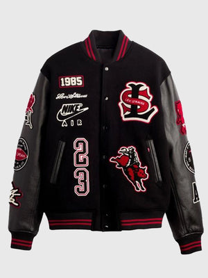 Black wool varsity jacket with leather sleeves recreated in Levi’s x Jordan 2026 collaboration style