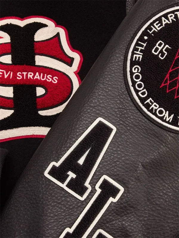 Recreated Levi’s x Jordan varsity jacket blending traditional wool fabric with bold leather sleeves