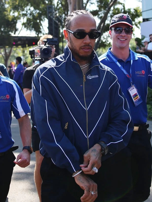 Blue Lewis Hamilton 2026 Willy Chavarria track jacket featuring smooth fabric finish and ribbed collar and cuffs