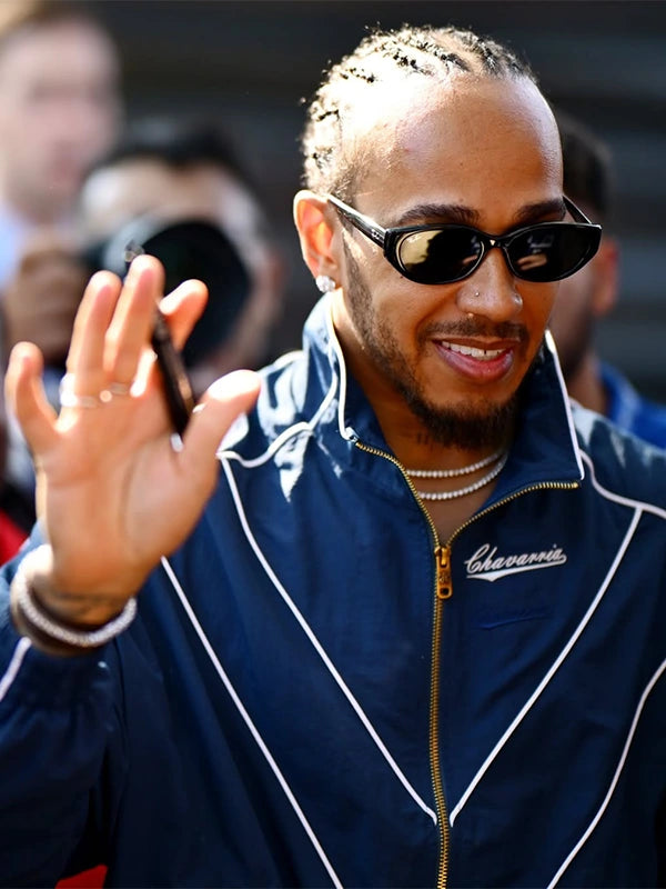 Blue Lewis Hamilton 2026 Willy Chavarria track jacket featuring smooth fabric finish and ribbed collar and cuffs