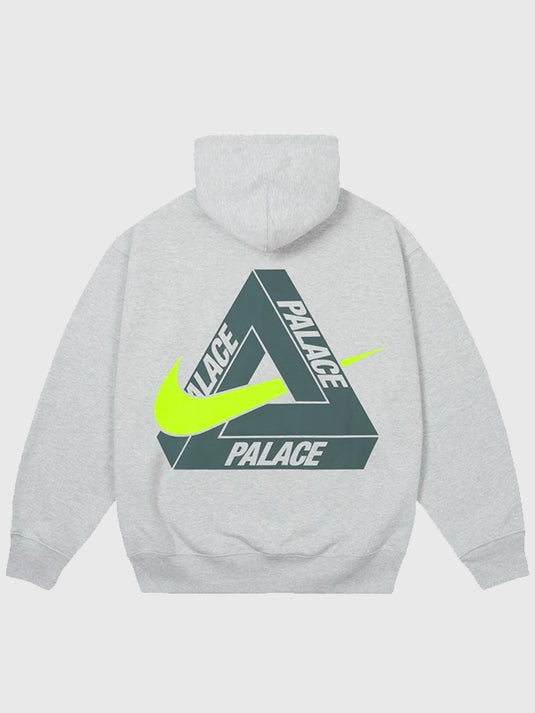 2025 Palace x Nike Tri Swoosh fleece hoodie in light grey offering comfort, warmth, and modern branding.