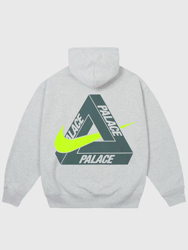 2025 Palace x Nike Tri Swoosh fleece hoodie in light grey offering comfort, warmth, and modern branding.