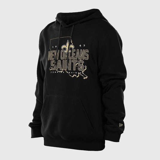 Black New Orleans Saints 2025 fleece hoodie recreation by New Era combining sporty warmth and sleek street style.