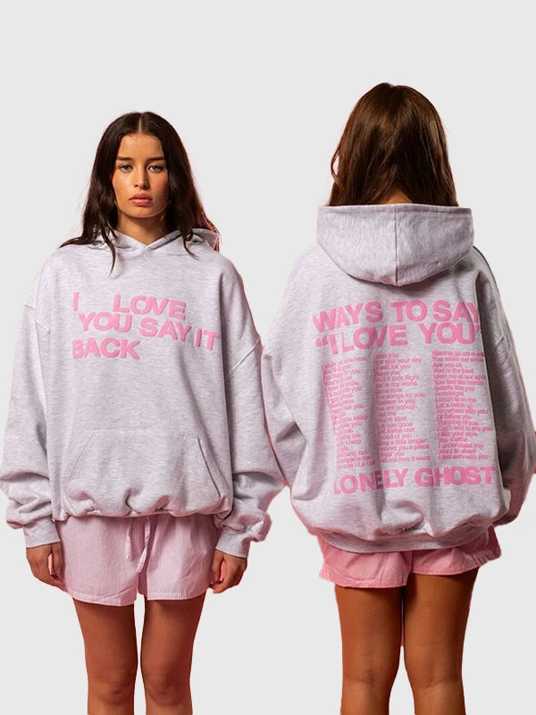 Women’s grey oversized hoodie recreated from Lonely Ghost Ways To Say I Love You Say It Back concept