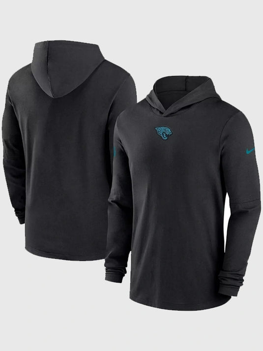 Jacksonville Jaguars black hooded pullover T-shirt inspired by Trevor Lawrence 2025 sideline look with lightweight build