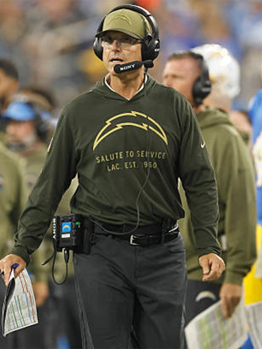 Jim Harbaugh Los Angeles Chargers Salute to Service forest green hoodie T-shirt combining style and functionality.