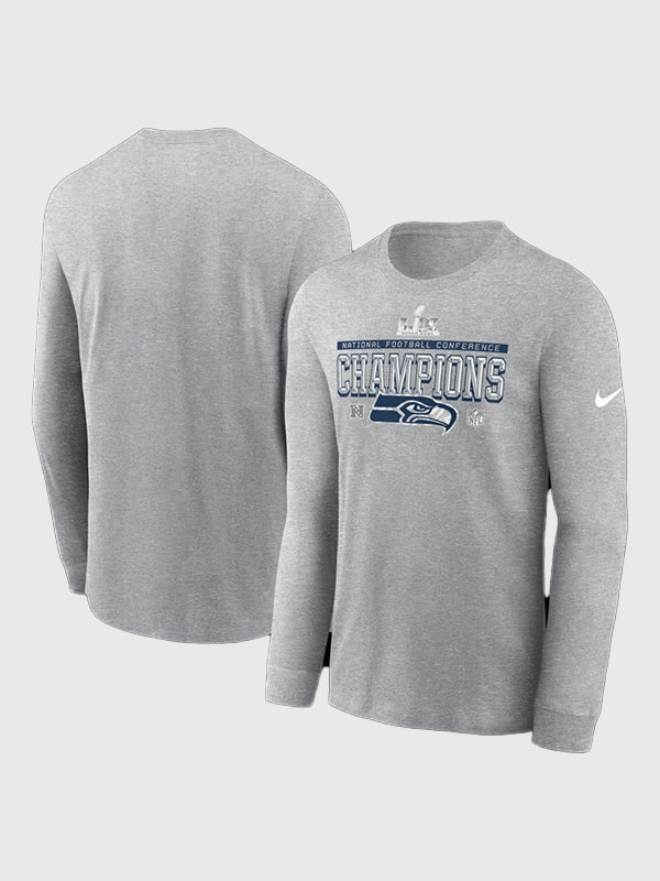 Made for none but the fans, the Seahawks NFC Champions Lock Room Long Sleeve Tee Celebrates 2025 Conference Championship round with its vibrant graphic & cozy fabric. 