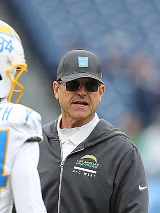 Black Jim Harbaugh Los Angeles Chargers 2025 Nike Hoodie offering performance comfort and everyday wear.