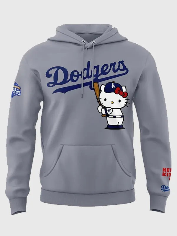 Dodgers Hello Kitty fleece hoodie recreated in grey with comfortable build and casual streetwear styling